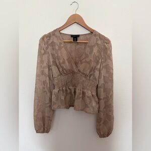 Sincerely Jules Taupe Floral Smocked Peplum Blouse